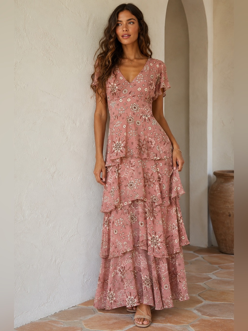 ADOR Pink Boho Tiered Maxi Dress Small